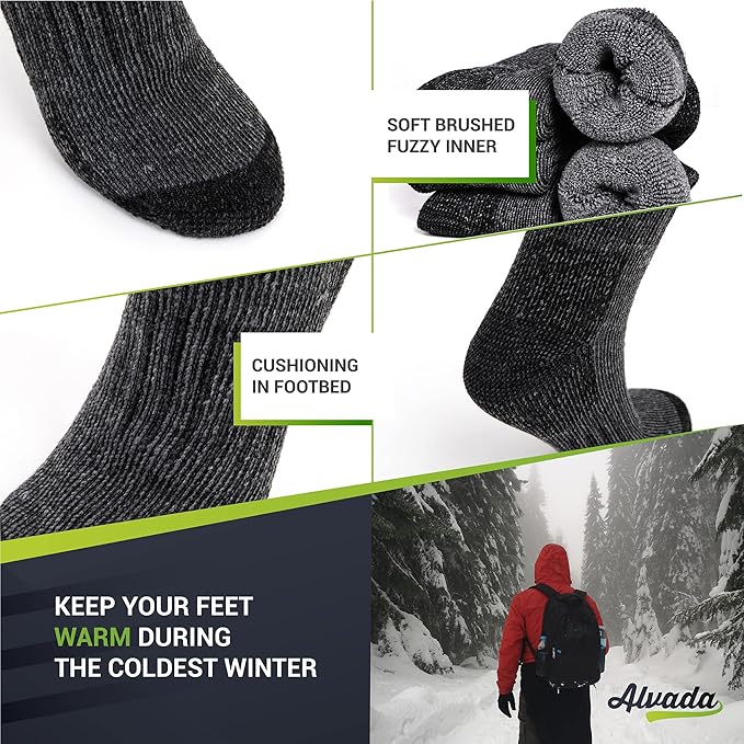 Alvada Mens Merino Wool Crew Socks Thermal and Warm Socks for Winter Work Hiking Running 3 Pairs
