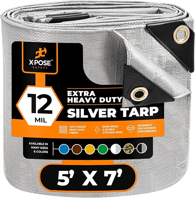 Heavy Duty Silver Poly Tarp 5' X 7' - Multipurpose Protective Cover - Durable, Waterproof, Weather Proof, Rip and Tear Resistant - Extra Thick 12 Mil Polyethylene - by Xpose Safety
