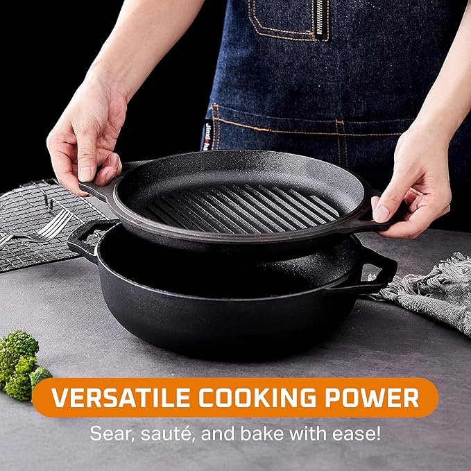 2-in-1 Enameled Cast Iron Cocotte Double Braiser Pan with Grill Lid 3.3 Quarts - Barbecue Grill Non Stick Frying Pan - Casserole Cookware Wide Handle (Grey)