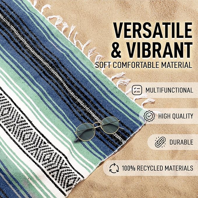 Authentic Large Handwoven Mexican Blanket - Soft Yoga- Durable Serape- Lightweight Falsa, Beach, Camping, Picnic, Outdoor Blanket 70"x50" - Arctic