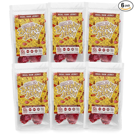 Bezerky Jerky Authentic American Ham, Keto-Friendly, Made with Premium Meat, Pineapple Jerky, All-Natural, Non-GMO & Gluten-Free, On the Go High Protein Snack, 3.3 Oz (Pack of 6)