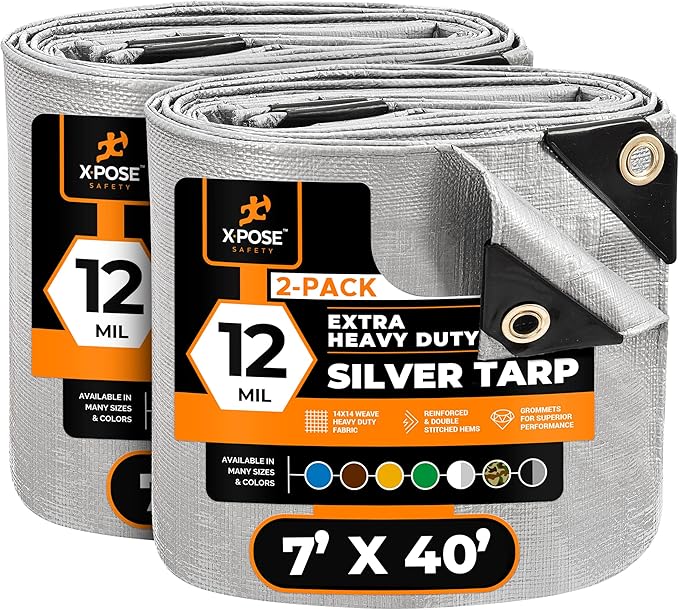 Heavy Duty Silver Poly Tarp 7' X 40' (2-Pack) - Multipurpose Protective Cover - Durable, Waterproof, Weather Proof, Rip and Tear Resistant - Extra Thick 12 Mil Polyethylene - by Xpose Safety