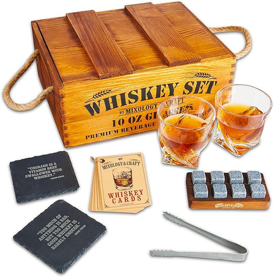 Mixology & Craft Premium Whiskey Set | Two 10oz Cystal Old-Fashioned Glasses, 8 Granite Chilling Stones, Metal Tongs, Recipe Cards in Rustic Wooden Crate Gift Set | Jameson Whiskey