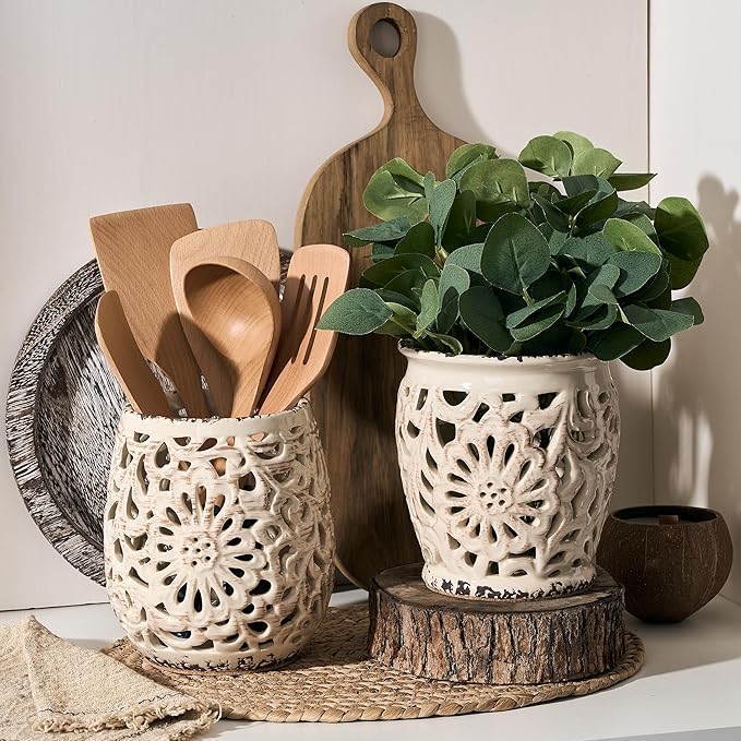 Farmhouse Kitchen Utensil Holder for Kitchen Counter, Ceramic Large Cooking Utensil Crock with Cork Mat, Decorative Rustic Utensil Organizer for Countertop, Spatula, Antique Beige