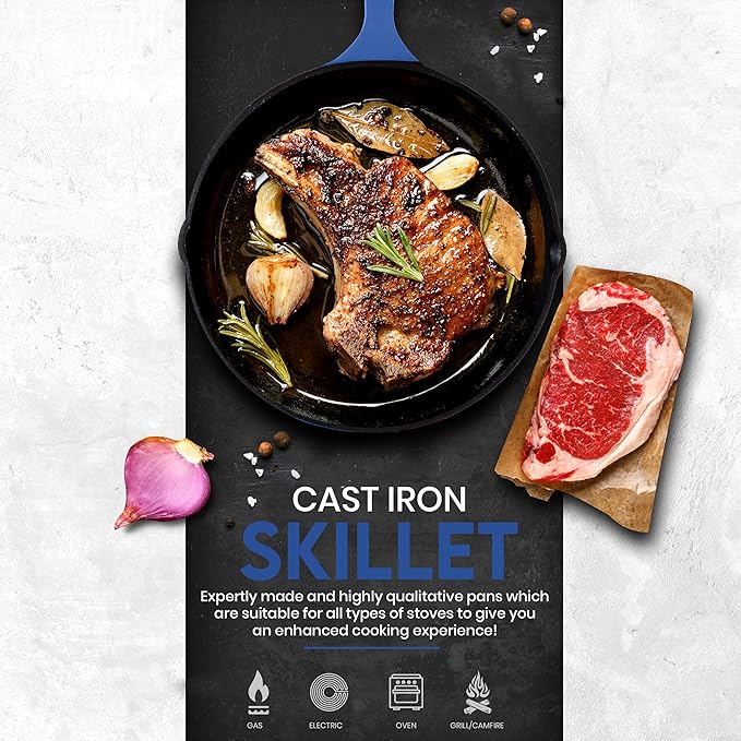 Utopia Kitchen Cast iron Skillets 3 Piece Set, Chefs Pan, Pre Seasoned Cast iron Skillets, 6, 8 & 10 Inches, Easy Use in the Oven, Stove, Grill, or Campfire, Blue