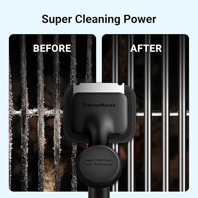 Grill Brush Bristle Free with 3 Replacement Brush Heads, Steam Grill Brush with Scraper, Non Metal Bristles for Cast Iron, Stainless-Steel Grates, Safe for Non-Stick Surface, Black