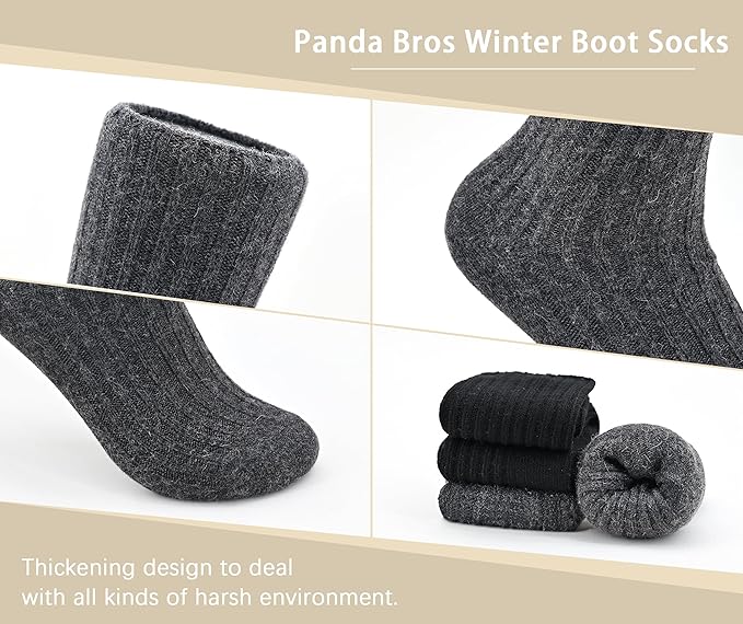 Panda Bros Wool Hiking Socks for Men & Women, Warm Winter Thick Thermal Crew Socks, Cozy Soft Boot Work Socks, 4 Pack