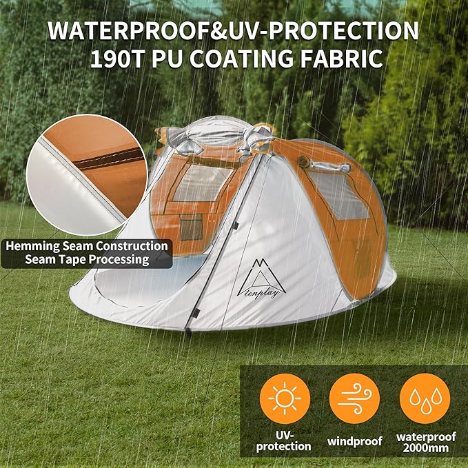 TENPLAY Pop Up Tent,2 People,190T Polyester,Waterproof2000mm,PU Coating,Automatic Setup,2Door,UV Protection,Lightweight,Portable Tent for Hiking,Picnic,Camping