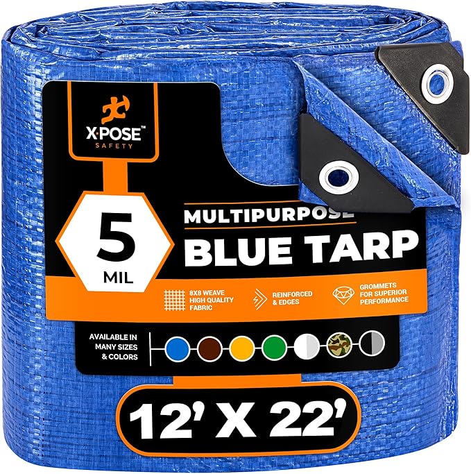 Better Blue Poly Tarp 12' x 22' - Multipurpose Protective Cover - Lightweight, Durable, Waterproof, Weather Proof - 5 Mil Thick Polyethylene - by Xpose Safety