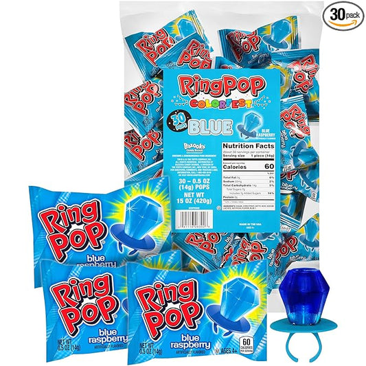 Ring Pop Individually Wrapped Blue Halloween Candy, 30 Ct Bulk Lollipop Pack, Raspberry Flavored Lollipop Suckers for Kids, Fun Candy Bulk for Trick or Treat, Halloween Bowls, Gifts, Party Favors