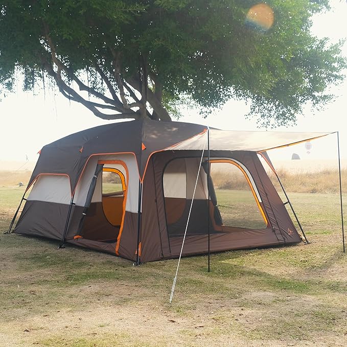 KTT Extra Large Tent 6-10-12-14 Person(A),Family Cabin Tents,2 Rooms,3 Doors and 3 Windows with Mesh,Straight Wall,Waterproof,Double Layer,Big Tent for Outdoor,Picnic,Camping,Family Gathering