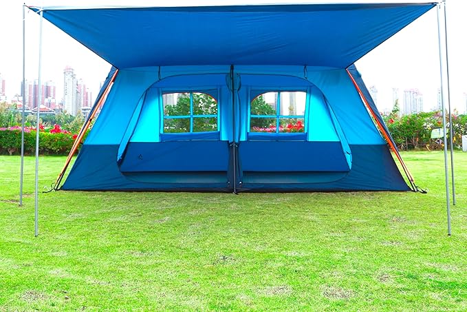 KTT Extra Large Tent 12 Person(A),Awning Family Cabin Tents,2 Rooms,3 Doors and 3 Windows with Mesh,Straight Wall,Waterproof,Double Layer,Big Tent for Outdoor,Picnic,Camping,Family Gathering。