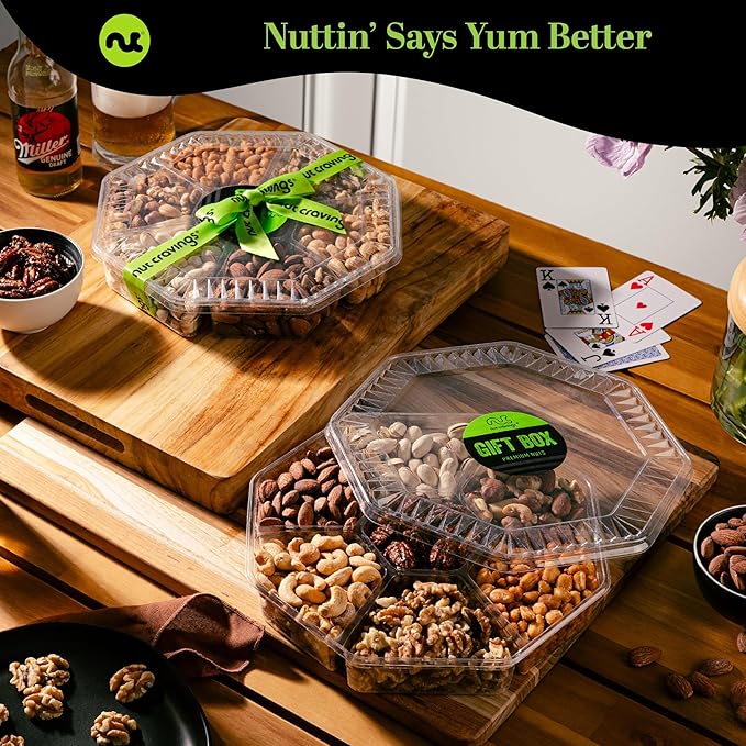 NUT CRAVINGS - Diwali Sweets Hamper Mixed Nuts Gift Basket + Green Ribbon (7 Assortments, 2.2 LB) Food Arrangement, Healthy Snack Care Package, Food Assortments
