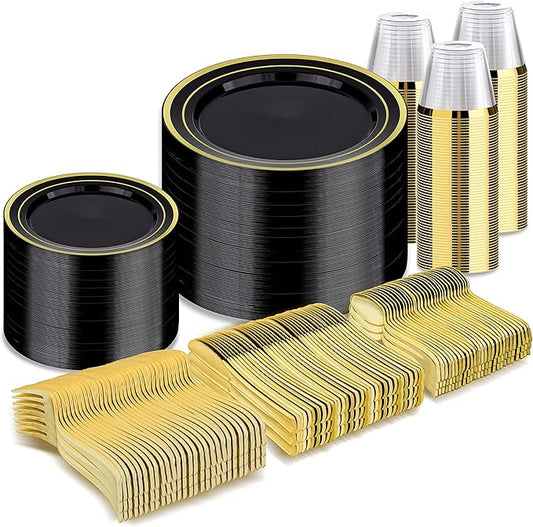 600PCS Black Gold Dinnerware Set for 100 Guests, Plastic Plates for Halloween Party and Christmas, 100 Disposable Plates, 100 Dessert Plates, 100 Cups, 100 Spoons, 100 Forks and 100 Knives