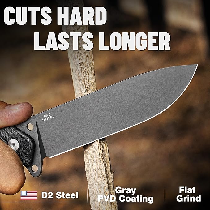 LOTHAR BAT Survival Knife, Full Tang D2 Steel Fixed Blade Knife with G10 Handle, Tactical Hunting Horizontal Carry Knives with Kydex Sheath, Bushcraft Camping Knives, Gifts For Men