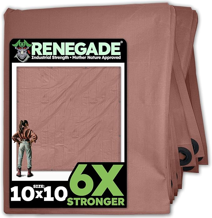 RENEGADE Industrial Tarp 10x10 ft Brown – Heavy Duty, Waterproof, UV-Resistant, PFAS-Free – Square Tarpaulin for Campsites, Roofing, Construction & Outdoor Shelter