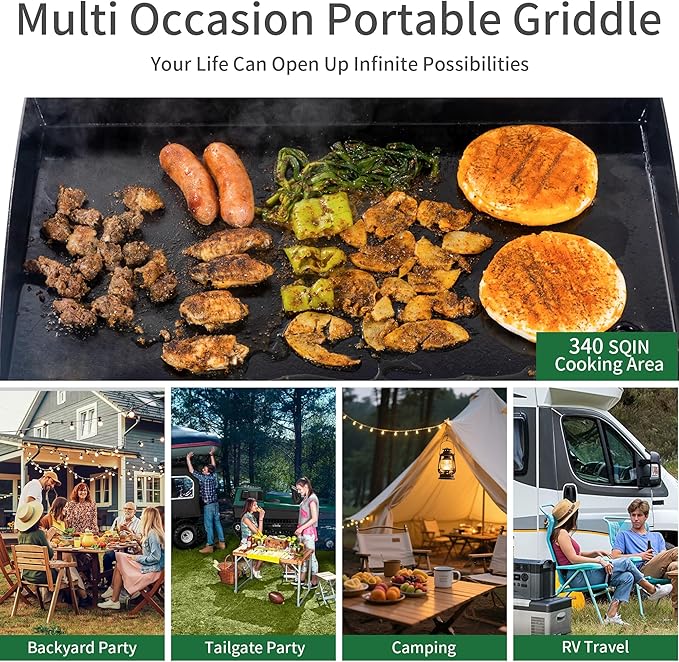Gas Griddle Flat Top 24 Inch, 3 Burner, 30000 BTU, Stainless Steel Tabletop Grill with Lid and Iron Pan, Portable Griddle Propane for Kitchen, Camping, Outdoor, Tailgating, Barbecue