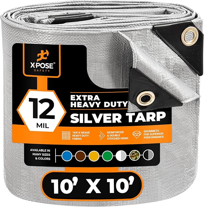 Heavy Duty Silver Poly Tarp 10' X 10' - Multipurpose Protective Cover - Durable, Waterproof, Weather Proof, Rip and Tear Resistant - Extra Thick 12 Mil Polyethylene - by Xpose Safety