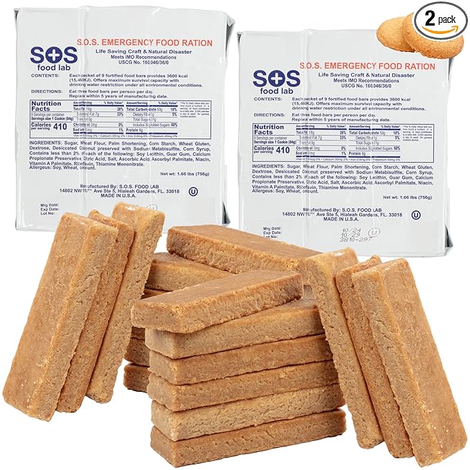 SOS Food Lab Emergency Food Bar - 3600 Calorie Ration (2 Pack Shortbread Cookie) - 3 Day/72 Hour Ready to Eat Supply for Camping, Hiking, Disaster Preparedness - 5 Year Shelf Life Energy Survival Food