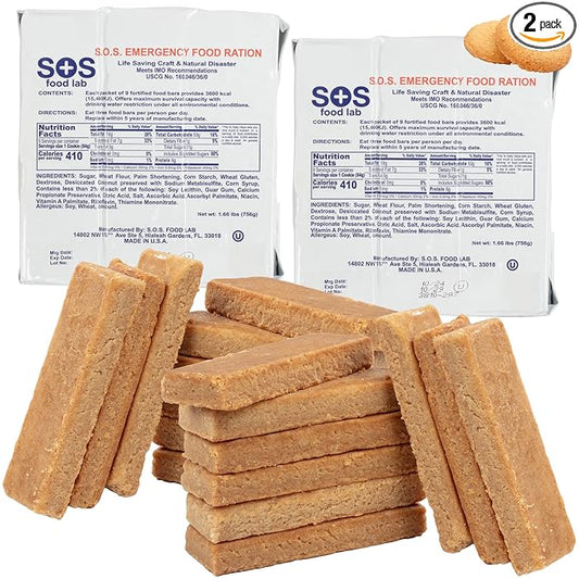 SOS Food Lab Emergency Food Bar - 3600 Calorie Ration (2 Pack Shortbread Cookie) - 3 Day/72 Hour Ready to Eat Supply for Camping, Hiking, Disaster Preparedness - 5 Year Shelf Life Energy Survival Food