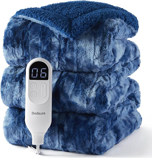 Bedsure Faux Fur Heated Blanket Full Size, Fast Heating Electric Blanket Full Size with 6 Heating Levels & 10 Time Settings, Cozy Gifts for Women Men (72x84 inches, Denim Blue)