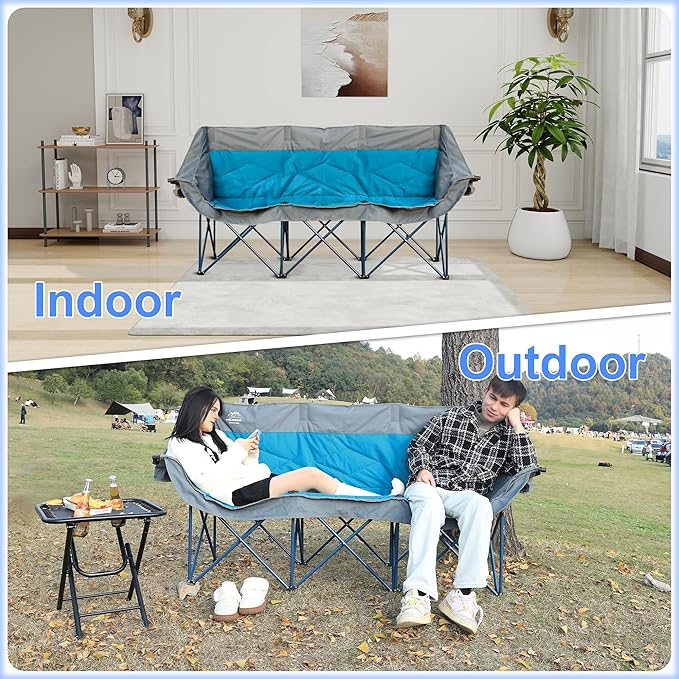 3 Person Camping Chairs,Supports 900Lbs,Oversized Loveseat Camp Chair w/Cup Holder,Wine Glasses Holder,Heavy Duty Extra Large Outdoor Folding Sofa Perfect for Family Picnic,Parties,Garden