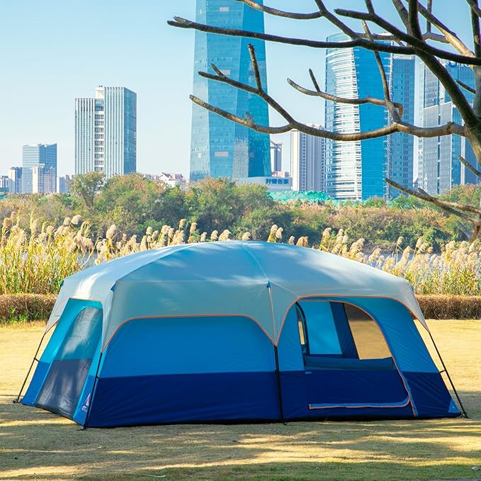 KTT Extra Large Tent 6-10-12-14 Person(A),Family Cabin Tents,2 Rooms,3 Doors and 3 Windows with Mesh,Straight Wall,Waterproof,Double Layer,Big Tent for Outdoor,Picnic,Camping,Family Gathering