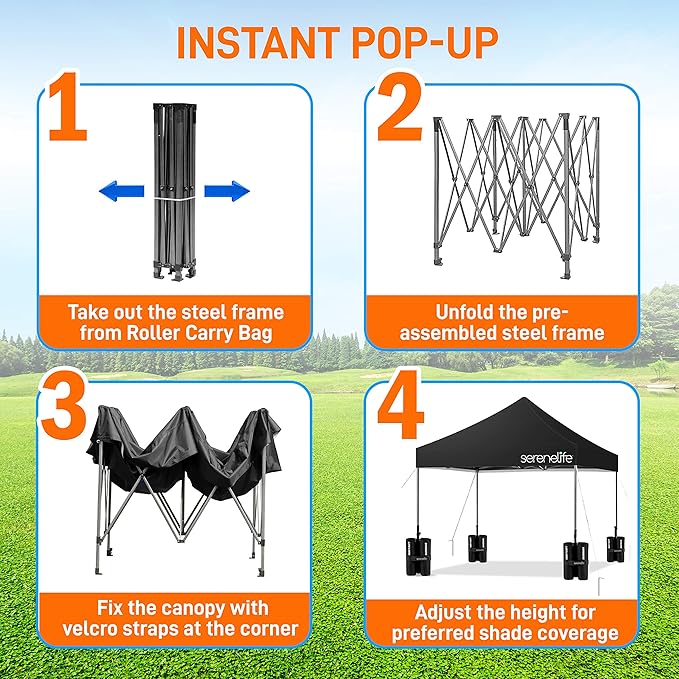 Pop Up Canopy Tent 10x10 - Commercial Instant Shelter Foldable/Collapsible Sun Shade Canopy Pop Up Tent w/Waterproof UV Resistant Tent Top, Portable Carry Bag & Sand Bag - SereneLife SLGZ10BA (Black)