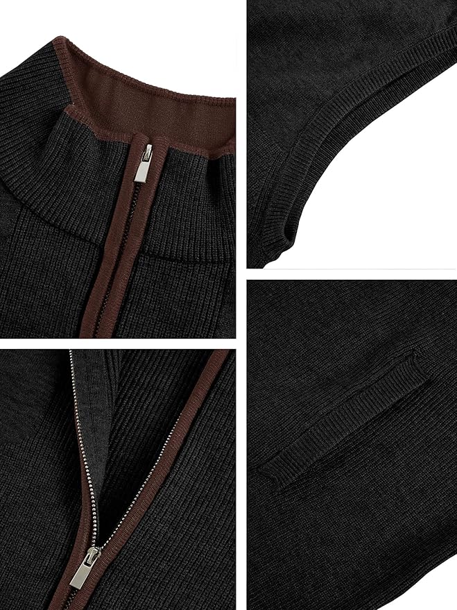 Ryannology Mens Sweater Vest Zip up Casual Sleeveless Cardigan Knitted Stand Collar Regular Fit Jacket with Pockets