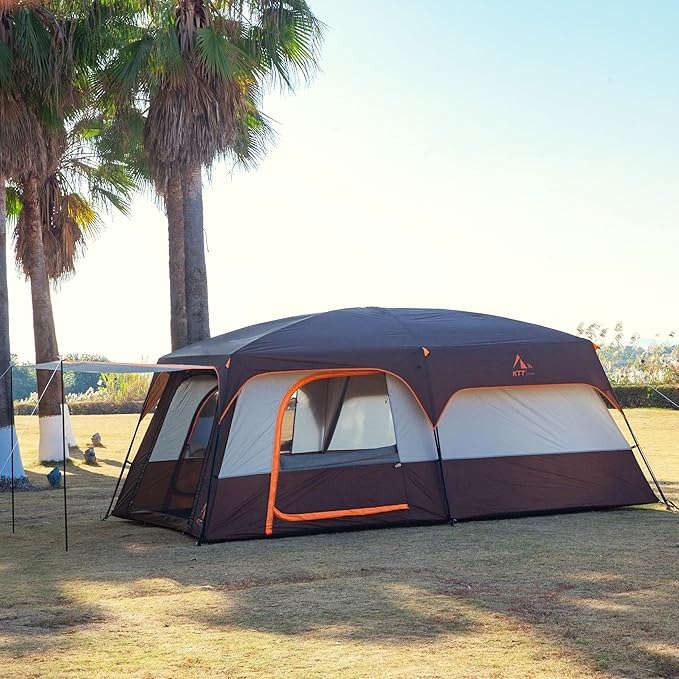 KTT Extra Large Tent 6-10-12-14 Person(A),Family Cabin Tents,2 Rooms,3 Doors and 3 Windows with Mesh,Straight Wall,Waterproof,Double Layer,Big Tent for Outdoor,Picnic,Camping,Family Gathering