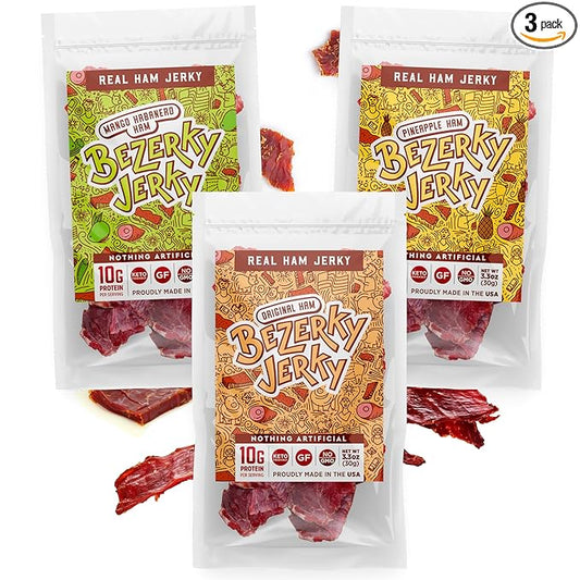 Premium Ham Jerky | Old Fashioned Recipe | Small Batch Handcrafted | Varitey Pack | American Snacks | Ready to Eat | Gluten-Free | Low-Fat | High Protein | Camping Food Bundle | Bezerky Jerky 3.3 Oz (Pack of 3)