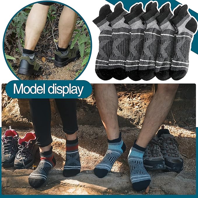 EBMORE 6 Pairs Merino Wool Ankle Hiking Running Socks Compression Support Thick Cushion No Show Socks for Men Women