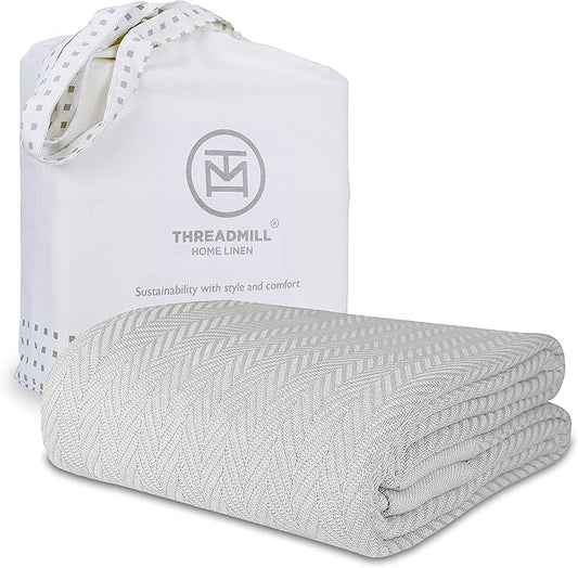 Threadmill Luxury Cotton Blankets for King Size Bed | All-Season Cozy 100% Cotton King Size Blanket | Herringbone Soft Fall Thermal Blanket fits California King Size Bed | Light Grey