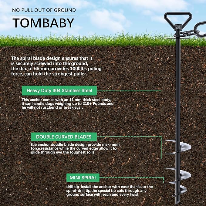TOMBABY Dog Tie Out Cable and Stake,with 20FT Heavy Duty Cable,360° Swivel Dog Anchor& Anti-Tangle,Dog Runner for Yard,Dog Stake Allows Dogs Up to 210 lbs, Dog Stakes for Outside Beach,Camping, Yard