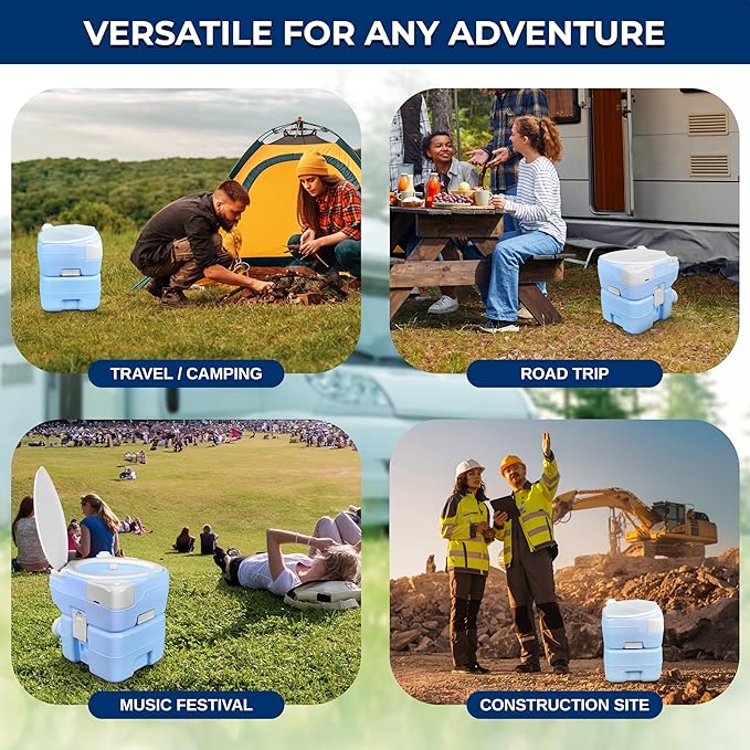 SereneLife 5.2 Gallon Portable Camping Toilet, 120 Flushes with Plastic Funnel, Hand Spray, Diagonal Seat and Mobile Holder, Portable Potty for Camping, Hiking, Roadtrip, Car, Tent