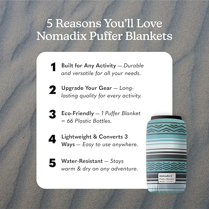 Nomadix Puffer Blanket – Water-Resistant, Eco-Friendly Insulated Blanket with Snaps for Camping, Beach, and Travel, Made from Recycled Materials