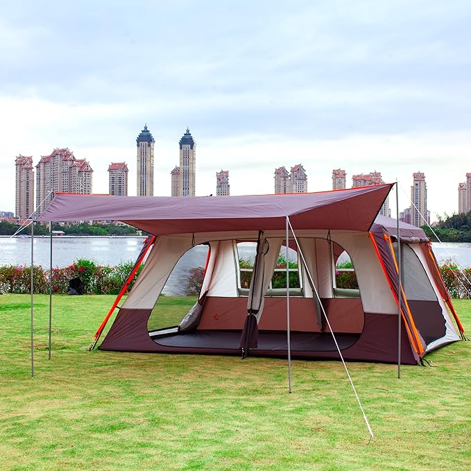 KTT Extra Large Tent 12 Person(A),Awning Family Cabin Tents,2 Rooms,3 Doors and 3 Windows with Mesh,Straight Wall,Waterproof,Double Layer,Big Tent for Outdoor,Picnic,Camping,Family Gathering。