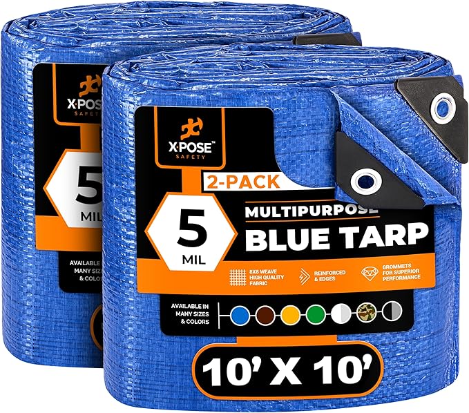 Better Blue Poly Tarp 10' x 10' (2-Pack) - Multipurpose Protective Cover - Lightweight, Durable, Waterproof, Weather Proof - 5 Mil Thick Polyethylene - by Xpose Safety