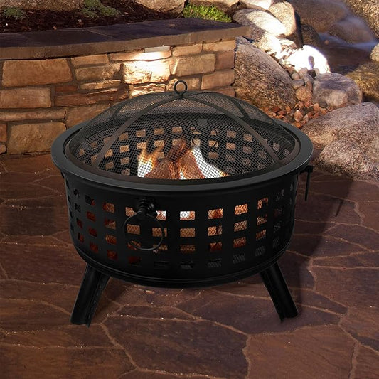 Outdoor Fire Pit - 26-Inch Round Lattice Wood Burning Firepit with Screen, Poker, Grate and Cover - Wood Fire Pits & Outdoor Fireplaces by Pure Garden