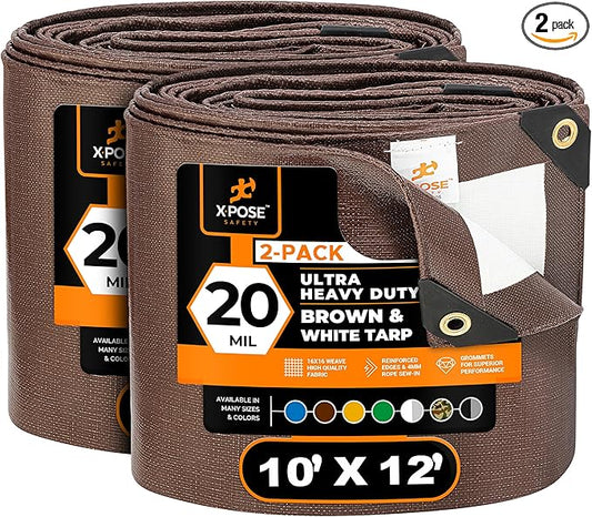 Xpose Safety 10' x 12' Ultra Heavy Duty Tarp (2-Pack) - 20 Mil Waterproof Tarps for Camping, Outdoor Adventures & Tent Cover, UV Protection, Reinforced Corners, All-Weather Durability