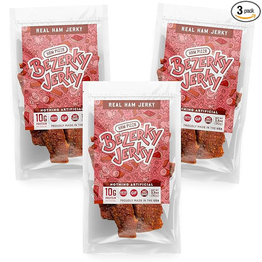 Premium Ham Jerky | Flavorful Pizza Ham | Camping Food | Backpacking Snacks | Low Fat High Protein Jerky | Gluten-Free | Non-GMO | Small Batch Handcrafted | Healthy Snacks | Bezerky Jerky | Pack of 3