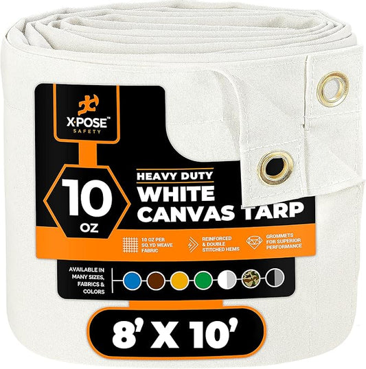 Xpose Safety Canvas Tarp - 10oz White Canvas Tarps Heavy Duty Water Resistant with Brass Grommets- Multipurpose Outdoor Tarpaulin for Camping, Canopy, Trailer, Equipment Cover 8' x 10'
