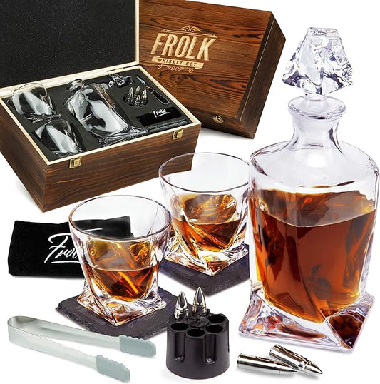 Whiskey Decanter and Stones Gift Set for Men - Whiskey Decanter, 2 Twisted Whiskey Glasses, 6 XL Stainless Steel Whisky Chillers, Freezer Base, 2 Slate Coasters, Tongs & Freezer Pouch in Pinewood Box
