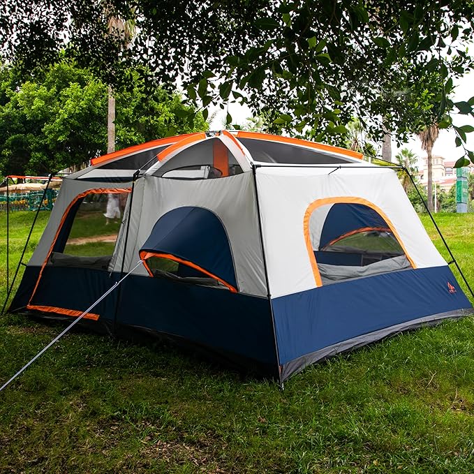 KTT Extra Large Tent 6-10-12-14 Person(A),Family Cabin Tents,2 Rooms,3 Doors and 3 Windows with Mesh,Straight Wall,Waterproof,Double Layer,Big Tent for Outdoor,Picnic,Camping,Family Gathering