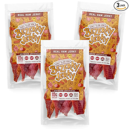 All Natural Real Ham Jerky | Honey Dijon | Small Batch Handcrafted | Old Fashioned | Low Fat High Protein Ham Meat | Gluten-Free | Non-GMO | No Nitrates | Healthy American Bezerky Jerky | 3 Packs
