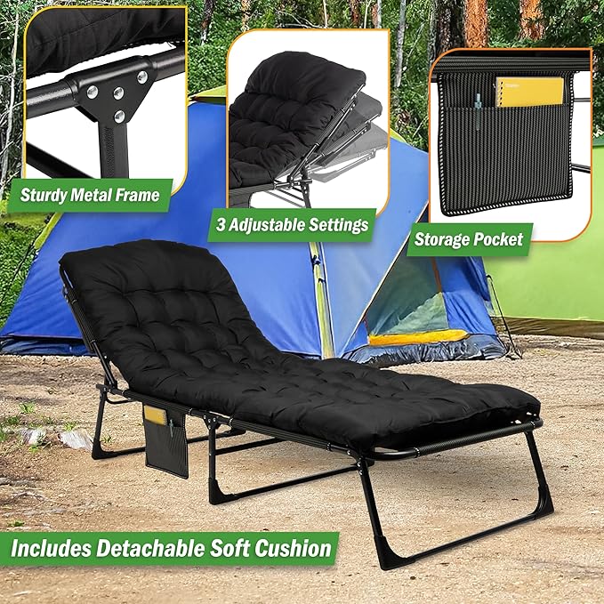 Folding Camping Cot with Mattress for Adults up to 440lbs - Heavy Duty Foldable Bed with Removable Cot Mattress and 3 Recline Positions for Travel, Camp, Beach or Guest Bed by Wakeman Outdoors (Black)