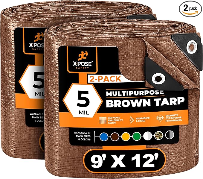 Multipurpose Protective Cover Brown Poly Tarp 9' x 12' (2-Pack) - Durable, Water Resistant, Weather Resistant - 5 Mil Thick Polyethylene - by Xpose Safety