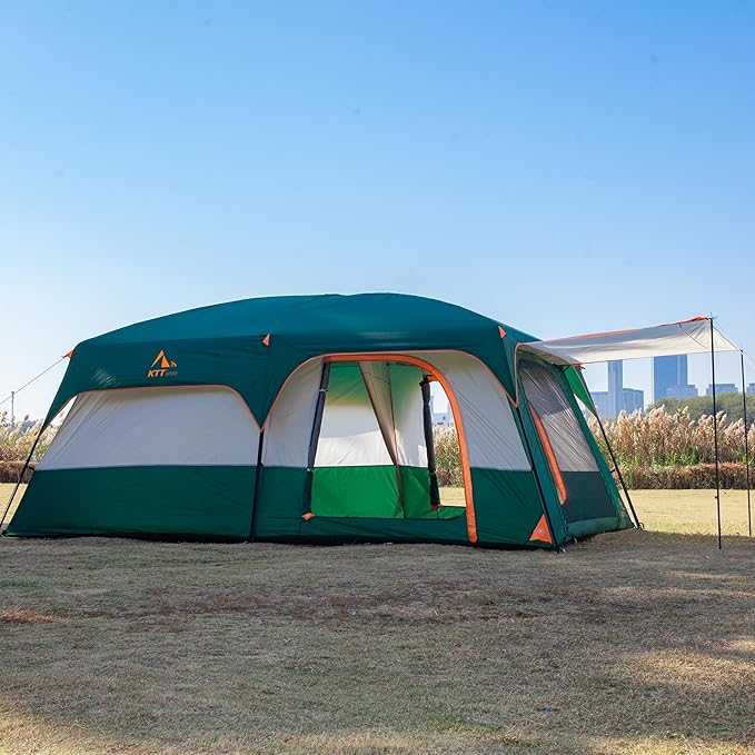 KTT Extra Large Tent 6-10-12-14 Person(A),Family Cabin Tents,2 Rooms,3 Doors and 3 Windows with Mesh,Straight Wall,Waterproof,Double Layer,Big Tent for Outdoor,Picnic,Camping,Family Gathering
