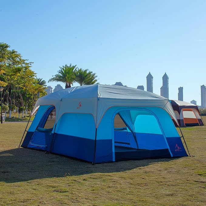 KTT Extra Large Tent 6-10-12-14 Person(A),Family Cabin Tents,2 Rooms,3 Doors and 3 Windows with Mesh,Straight Wall,Waterproof,Double Layer,Big Tent for Outdoor,Picnic,Camping,Family Gathering