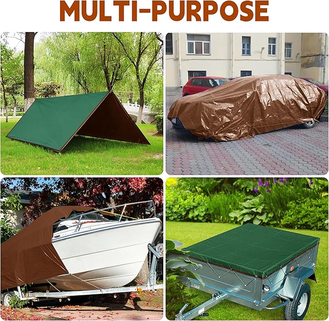 Tarp 12x30 ft 100% Waterproof 7mil Durable Grommets and Reinforced Edges,Uv Resistant,Green/Brown Tarp,Emergency Rain Shelter,Outdoor Cover and Camping Use -by MVPNET